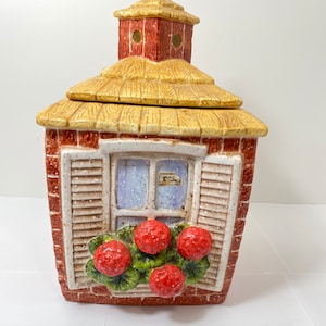 Vintage Rare Cottage Style Hand Painted Cookie Jar Berries and Blue Bird