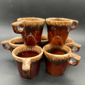 Vintage Hull Pottery Coffee Mugs - Brown Drip Glaze - Set of 7