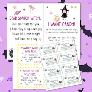 May include: Halloween-themed printable cards and tokens. The cards read "Dear Switch Witch" and "I Want Candy!" with illustrations of a witch and candy. The tokens say "Switch Witch Toy Token" with a bat and pumpkin design. The background is purple with bats.