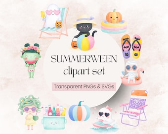 Cute Watercolor Summerween Clip Art, Cute Summerween Clip Art, Summerween PNGs, Cute and Spooky PNGs  || INSTANT DOWNLOAD!