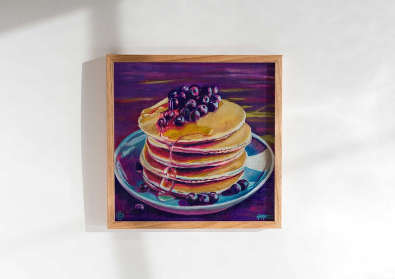 Blueberry Pancake Breakfast Wall Art Gift for Foodie Hotcake Painting Dining room decor Poster for kitchen Food fine art print zdjęcie 4