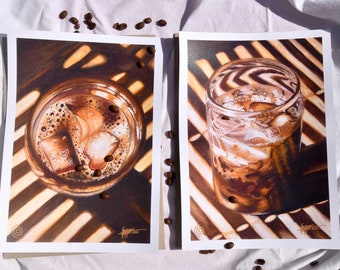 Iced Coffee Duo Print Set | Coffee Gift set | Coffee Bar Wall Art | Poster set for Cafe | Hand painted Fine Art (giclee) reproduction