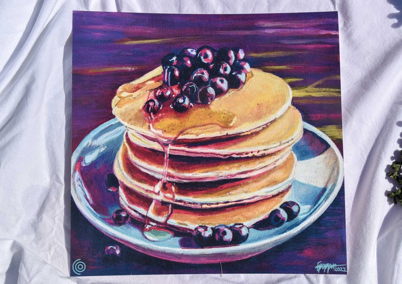 Blueberry Pancake Breakfast Wall Art Gift for Foodie Hotcake Painting Dining room decor Poster for kitchen Food fine art print image 1