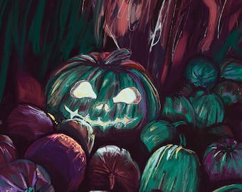 Halloween Instant Download Wall Art | Spooky Purple and Green Pumpkin Painting | Jack o Lantern home decor | Glowing Pumpkins Printable Art