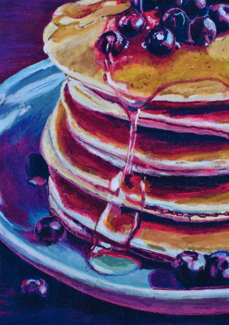 Blueberry Pancake Breakfast Wall Art Gift for Foodie Hotcake Painting Dining room decor Poster for kitchen Food fine art print image 3