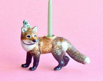 Red Fox Cake Topper | Handcrafted Porcelain Figurine | Camp Hollow Collectable Heirloom Art | Birthday Candle Holder | Collect them All!