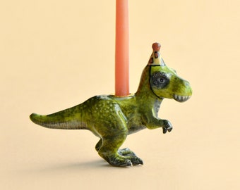 T-Rex Cake Topper | Handcrafted Porcelain Figurine | Camp Hollow Collectable Heirloom Art | Birthday Candle Holder | Collect them All!