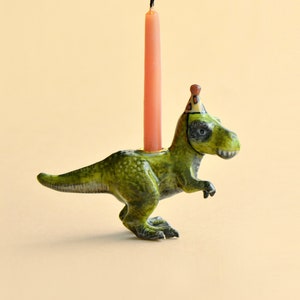 T-Rex Cake Topper | Handcrafted Porcelain Figurine | Camp Hollow Collectable Heirloom Art | Birthday Candle Holder | Collect them All!