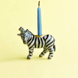 Zebra Cake Topper | Handcrafted Porcelain Figurine | Camp Hollow Collectable Heirloom Art | Birthday Candle Holder | Collect them All!