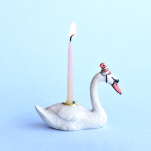 Swan Cake Topper | Handcrafted Porcelain Figurine | Camp Hollow Collectable Heirloom Art | Birthday Candle Holder | Collect them All!