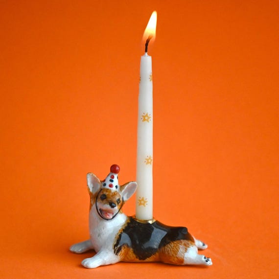 Tri-color Porcelain Dog Cake Topper Corgi Birthday Candle Holder