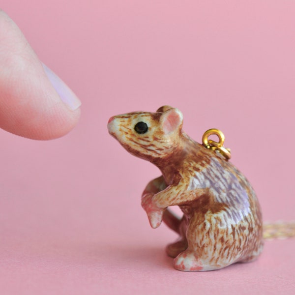 Porcelain Rat Necklace • Hand-Painted Ceramic Pendant • Camp Hollow Animal Jewelry • Nature Gift