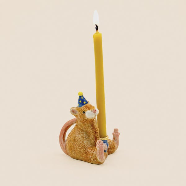 Year of the Rat Porcelain Cake Topper: Collectible Birthday Candle Holder