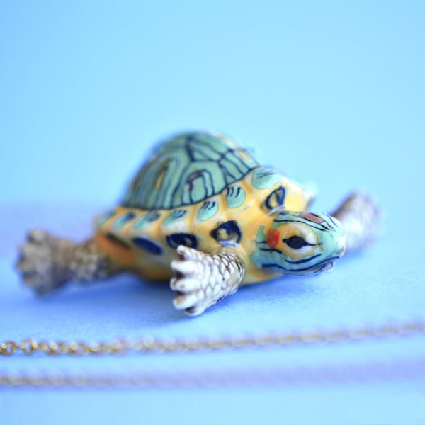 Porcelain Turtle Necklace • Hand-Painted Ceramic Pendant • Camp Hollow Animal Jewelry • Seaside Nature Gift
