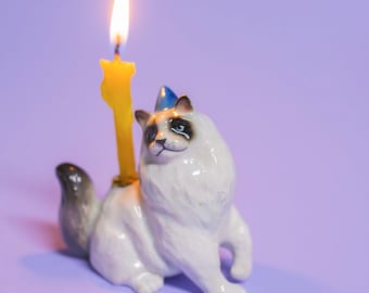 Ragdoll Cat Porcelain Cake Topper • Hand-Painted Ceramic Candle Holder • Camp Hollow Animal Figures•