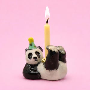 Panda Cake Topper | Handcrafted Porcelain Figurine | Camp Hollow Collectable Heirloom Art | Birthday Candle Holder | Collect them All!