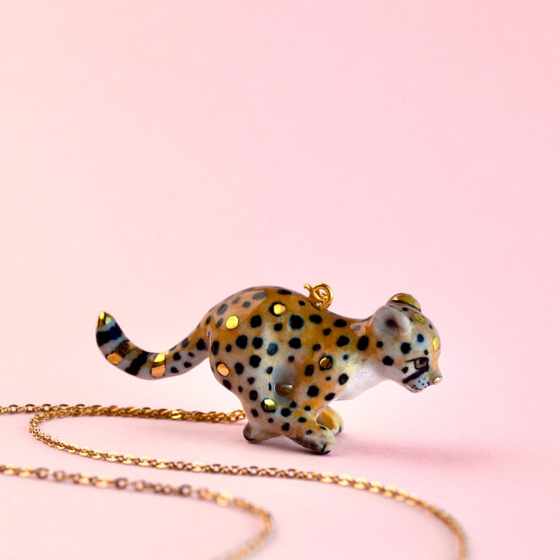 GOLDEN SPOTTED Cheetah Cub Necklace Handcrafted Porcelain Jewelry Camp Hollow Collectible Heirloom Art Perfect Gift Collect them all image 1