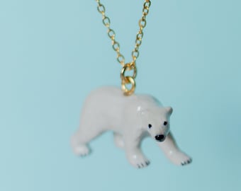 Porcelain Polar Bear Necklace • Hand-Painted Ceramic Pendant • Camp Hollow Animal Jewelry • Nature Gift