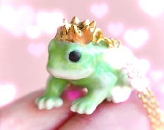 Frog Prince Necklace • Hand-painted Porcelain • The Frog King • Collectible Storybook Figurine • Amazing Jewelry • Ribbit! (AO016)