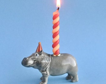 Hippo Cake Topper| Handcrafted Porcelain Figurine | Camp Hollow Collectable Heirloom Art | Birthday Candle Holder | Collect them All!