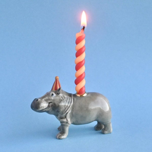 Nilpferd Kuchen Topper | Handgefertigte Porzellan Figur | Camp Hohle Sammlerstücke Erbstück Kunst | Geburtstagskerzenhalter | Sammle sie Alle!