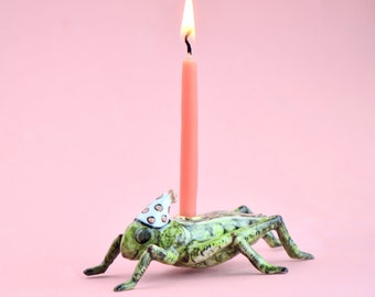 Grasshopper/Cricket Cake Topper | Porcelain Figurine | Camp Hollow Collectable Heirloom Art | Birthday Candle Holder | Collect them All!