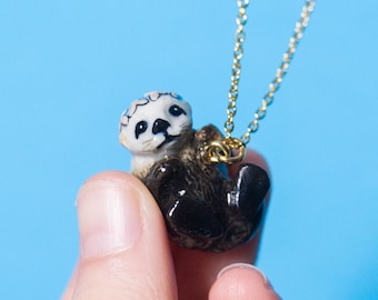 Porcelain Otter Necklace • Hand-Painted Ceramic Pendant • Camp Hollow Animal Jewelry • Nature Gift