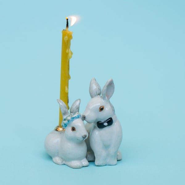 Love Bunnies Wedding Cake Topper: Hand-Painted Ceramic Candle Holder