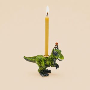 T-Rex Cake Topper: Hand-Painted Porcelain Dinosaur Candle Holder