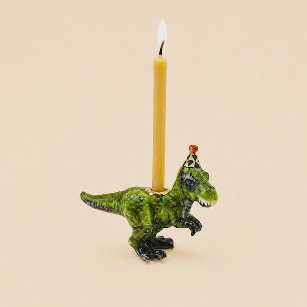 T-Rex Cake Topper: Handbemalter Dinosaurier Kerzenhalter aus Porzellan