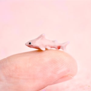May include: A small pink ceramic shark figurine resting on a finger.