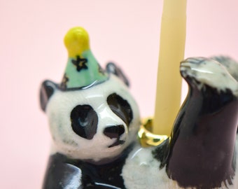Panda Cake Topper | Handcrafted Porcelain Figurine | Camp Hollow Collectable Heirloom Art | Birthday Candle Holder | Collect them All!