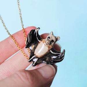 Porcelain Bat Necklace • Hand-Painted Ceramic Pendant • Camp Hollow Animal Jewelry • Fruit Bat Nature Gift