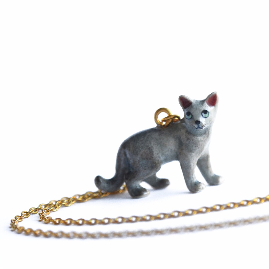 Gray Cat Necklace Handpainted Porcelain Cat Jewelry Cat Etsy