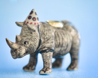 Rhino Cake-Topper| Handcrafted Porcelain Figurine | Camp Hollow Collectable Heirloom Art | Birthday Candle Holder | Collect them All!