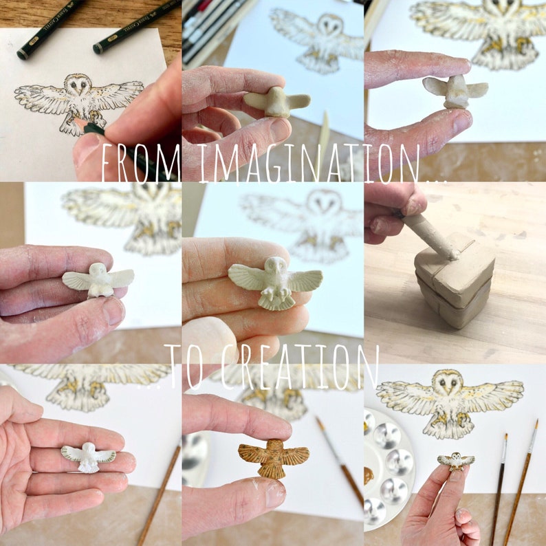 Pode incluir: Uma colagem mostrando a cria&ccedil;&atilde;o de uma pequena figura de coruja. O processo come&ccedil;a com um desenho, depois a escultura da coruja em argila e, finalmente, a pintura do produto final. O texto "FROM IMAGINATION TO CREATION" est&aacute; sobreposto.