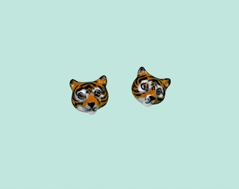 Porcelain Tiger Earrings • Hand-Painted Ceramic Studs • Camp Hollow Animal Jewelry • Whimsical Gift
