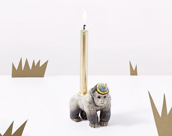 Gorilla Cake Topper | Handcrafted Porcelain Figurine | Camp Hollow Collectable Heirloom Art | Birthday Candle Holder | Collect them All!