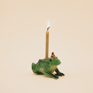 Frog Cake Topper | Handcrafted Porcelain Figurine | Camp Hollow Collectable Heirloom Art | Birthday Candle Holder | Collect them All