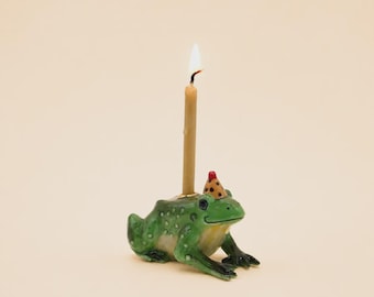 Frog Cake Topper | Handcrafted Porcelain Figurine | Camp Hollow Collectable Heirloom Art | Birthday Candle Holder | Collect them All