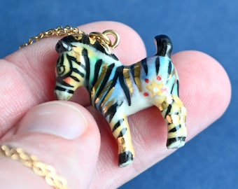 Touch of Gold Rainbow Zebra Necklace • Hand-painted Porcelain • Animal Jewelry • Collectible Figurines • The Perfect Gift