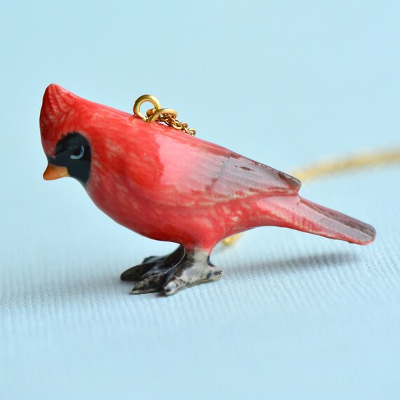 Hand Painted Porcelain Cardinal Necklace, Antique Bronze Chain, Vintage Style Red Bird, Ceramic Animal Pendant & Chain (AP013)