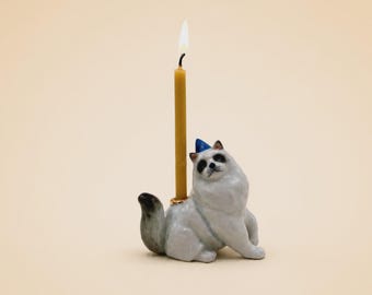 Ragdoll Cat Porcelain Cake Topper • Hand-Painted Ceramic Candle Holder • Camp Hollow Animal Figures•