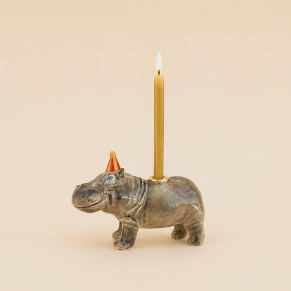 Hippo Cake Topper | Handcrafted Porcelain Figurine | Camp Hollow Collectable Heirloom Art | Birthday Candle Holder | Collect them All!