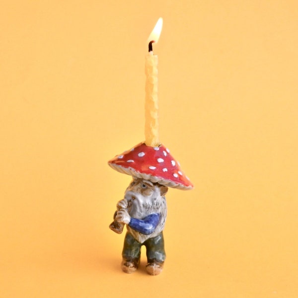 Mushroom Gnome Cake Topper | Porcelain Figurine | Camp Hollow Collectable Heirloom Art | Birthday Candle Holder | Collect them All!