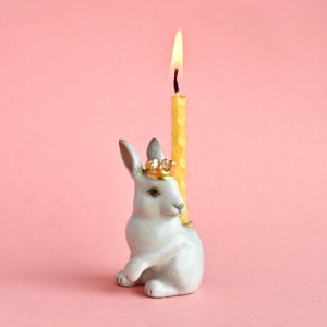 Royal White Rabbit Cake Topper | Porcelain Figurine | Camp Hollow Collectable Heirloom Art | Birthday Candle Holder | Collect them All!