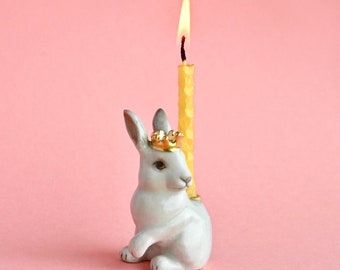 Royal White Rabbit Cake Topper | Porcelain Figurine | Camp Hollow Collectable Heirloom Art | Birthday Candle Holder | Collect them All!