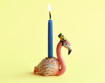 Flamingo Cake Topper | Handcrafted Porcelain Figurine | Camp Hollow Collectable Heirloom Art | Birthday Candle Holder | Collect them All!