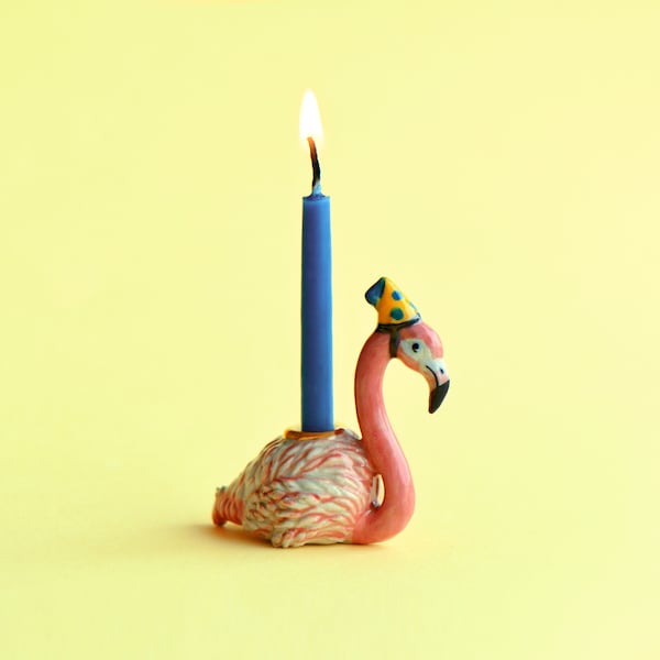 Décoration pour gâteau Flamant rose | Figurine artisanale en porcelaine | Art ancien de collection Camp Hollow | Bougeoir d'anniversaire | Collectionnez-les tous !