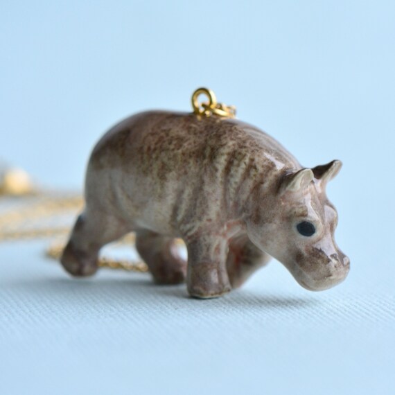 Hand Painted Porcelain Hippo Hippopotamus Necklace, Porcelain Hippo Figurine, Vintage Style, Ceramic Animal Pendant & Chain (AP054)